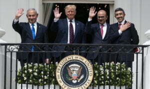 Donald Trump, Benjamin Netanyahu, Khalid bin Ahmed Al Khalifa, Abdullah bin Zayed al-Nahyan