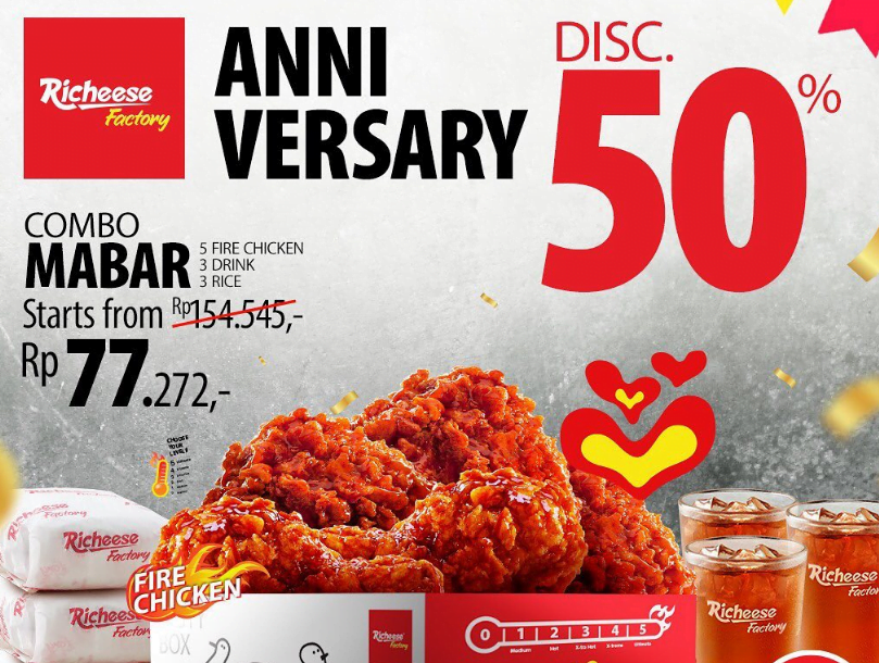 Promo Richeese Anniversary 12 Tahun, Diskon 50 Persen di Semua Outlet