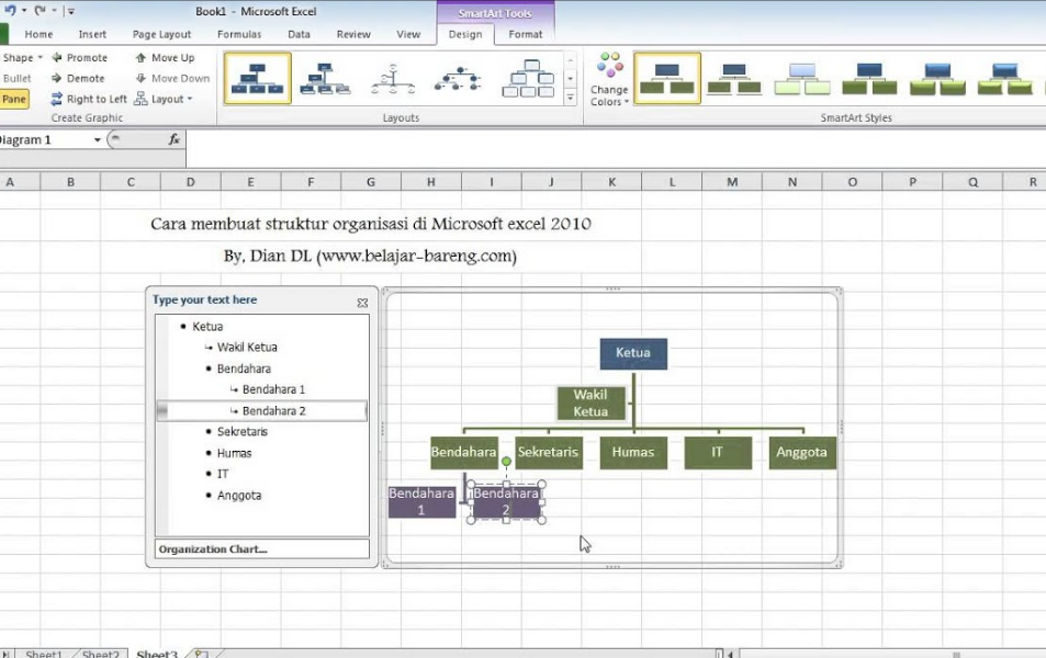 cara membuat struktur organisasi di ecxel