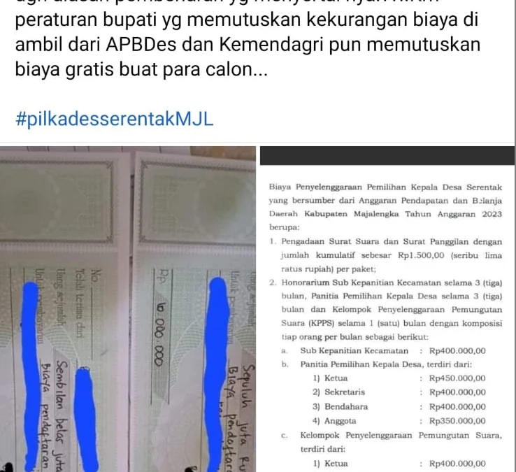 Tangkap layar media sosial Facebook soal gambar kuitansi, diduga untuk pembayaran daftar calon kepala desa (cakades)