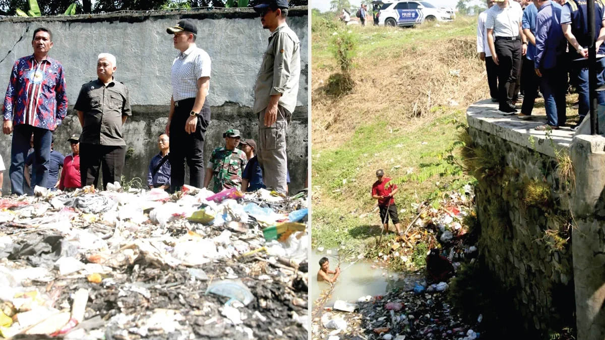 Pj Bupati Cirebon Drs H Wahyu Mijaya SH MSi didampingi pejabat DLH dan DPUTR meninjau Sungai Jamblang yang dip