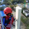 Teknisi XL Axiata sedang melakukan pemeliharaan perangkat BTS (Base Transceiver Station) di sebuah tower di De