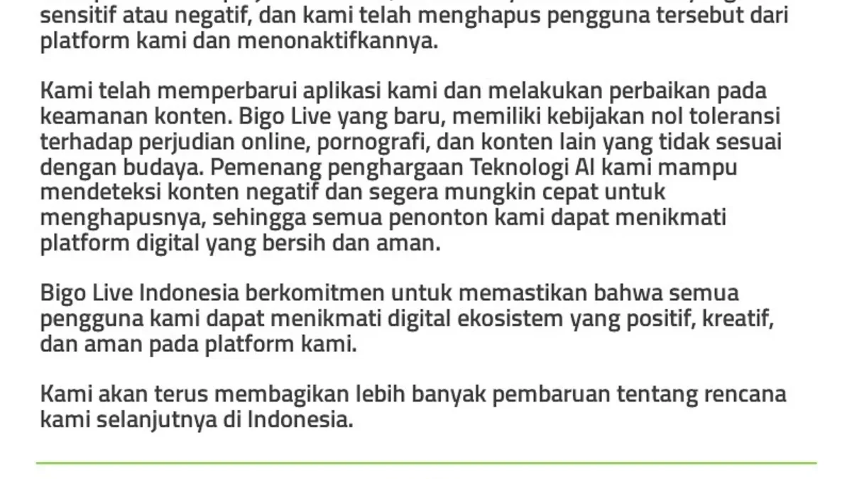 Potretan Respon pihak Bigo Live Streaming yang Di tegur oleh Kominfo Sumber Gambar : instagram @bigoliveid