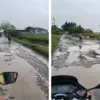 Kondisi jalan poros Desa Pegagan Kidul menuju Desa Lemahtamba, Kecamatan Panguragan, Kabupaten Cirebon, hingga